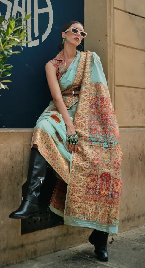 Women's Aqua Blue Kashmiri Modal Handloom Saree