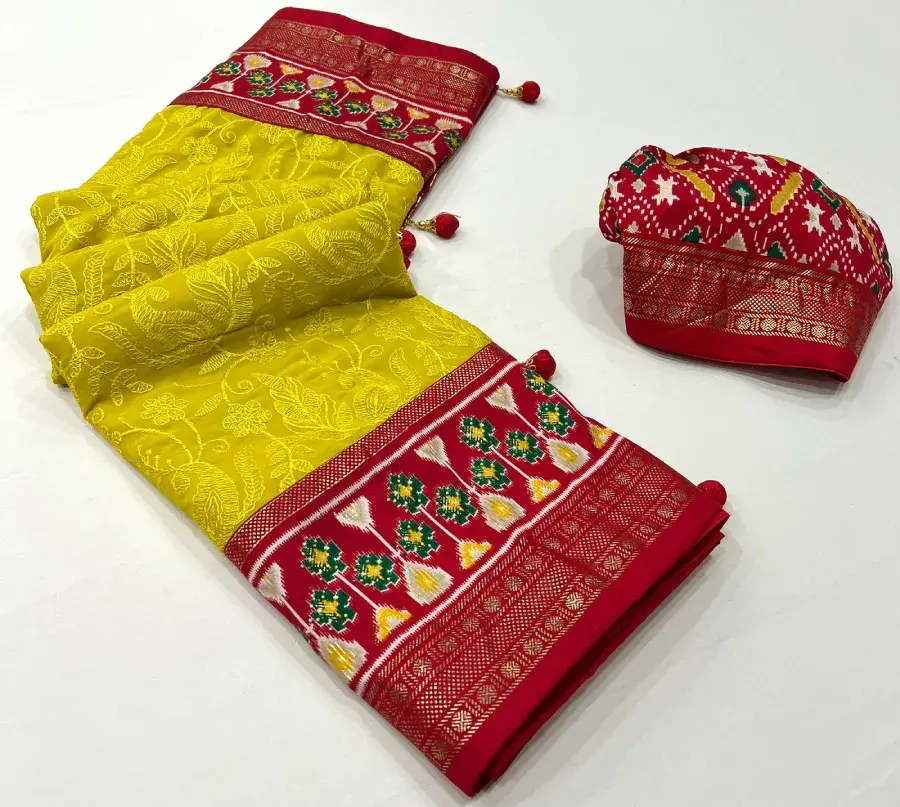 Thumbnail: Olive Exquisite Chikankari With Designer Patola Fusion Saree