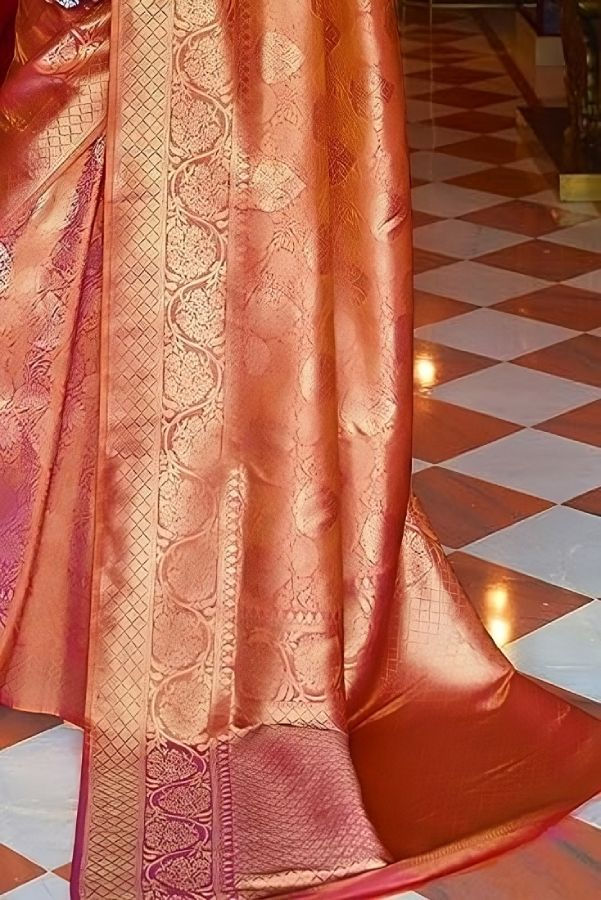 Thumbnail: Golden Red Woven Banarasi Silk Saree