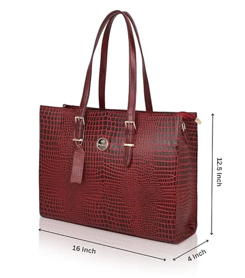 Thumbnail: Maroon Crocodile-Embossed Genuine Leather Tote Bag