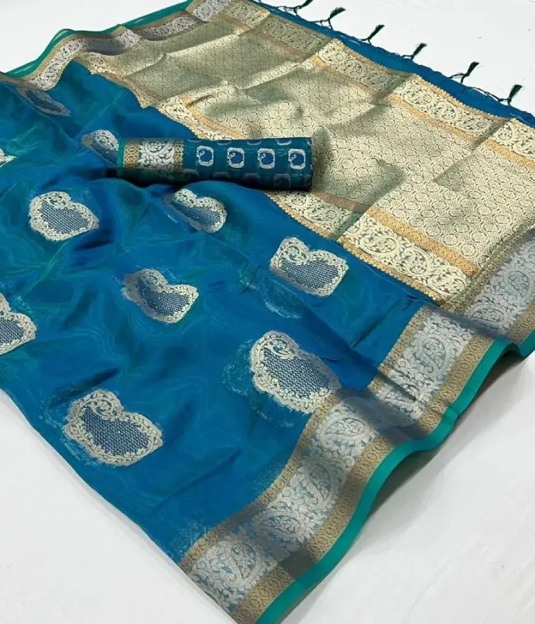 Thumbnail: Teal Woven Banarasi Organza Silk Saree With Sequins Work