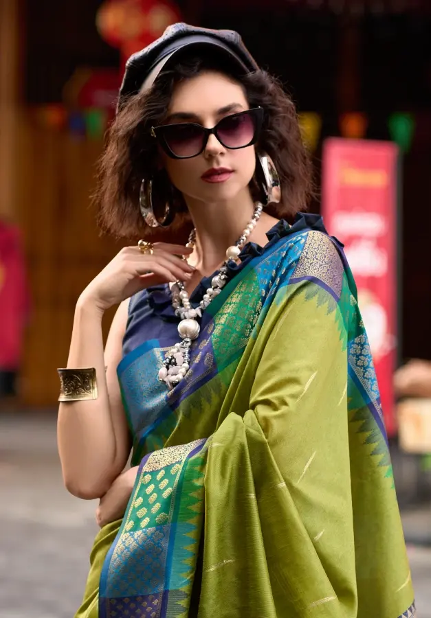 Thumbnail: Olive Green Banarasi Silk Fabric Zari Woven Saree