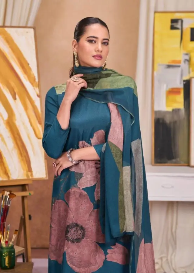 Thumbnail: Blue Soft with Digital Print & Handwork Muslin Unstitched Suit