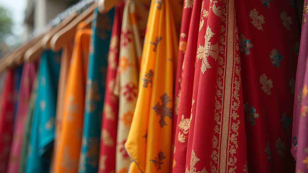 Eye-level view of colorful Indian sarees hanging on a rack