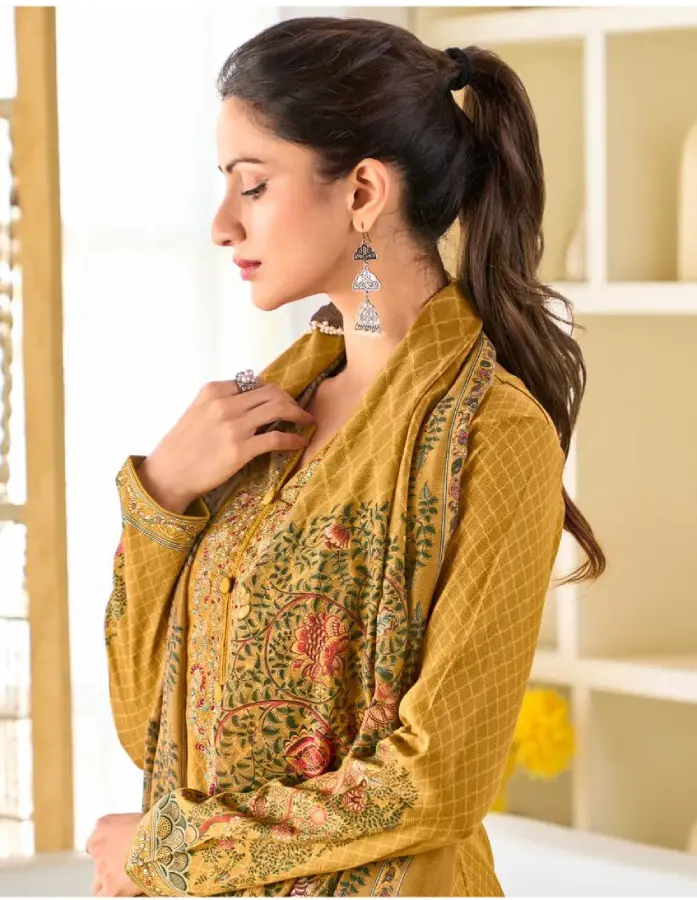 Thumbnail: Mustard Mughal Embroidered Jam Satin Salwar Kameez Digital Print Dupatta