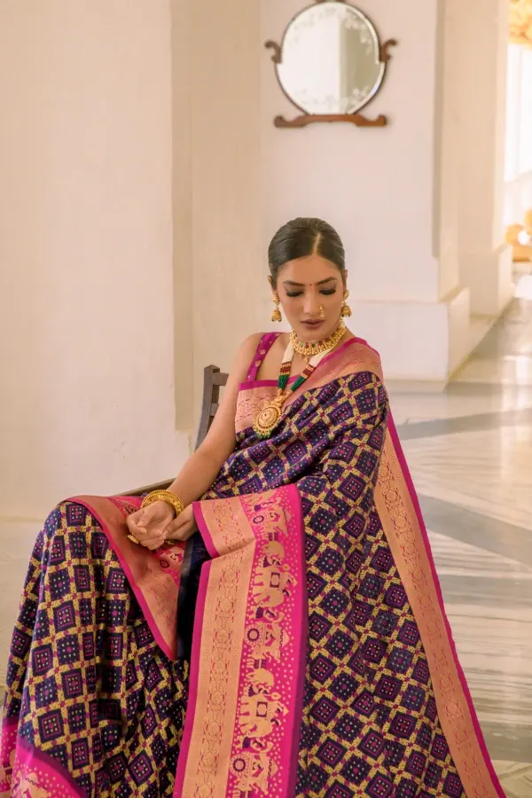 Thumbnail: Navy Blue and pink Bandhani Printed and Woven Saree