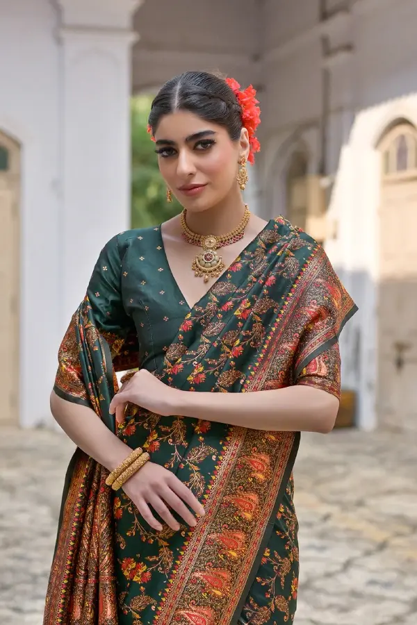 Thumbnail: Premium Bottle Green Pashmina Silk Saree | Woven Banarasi Saree