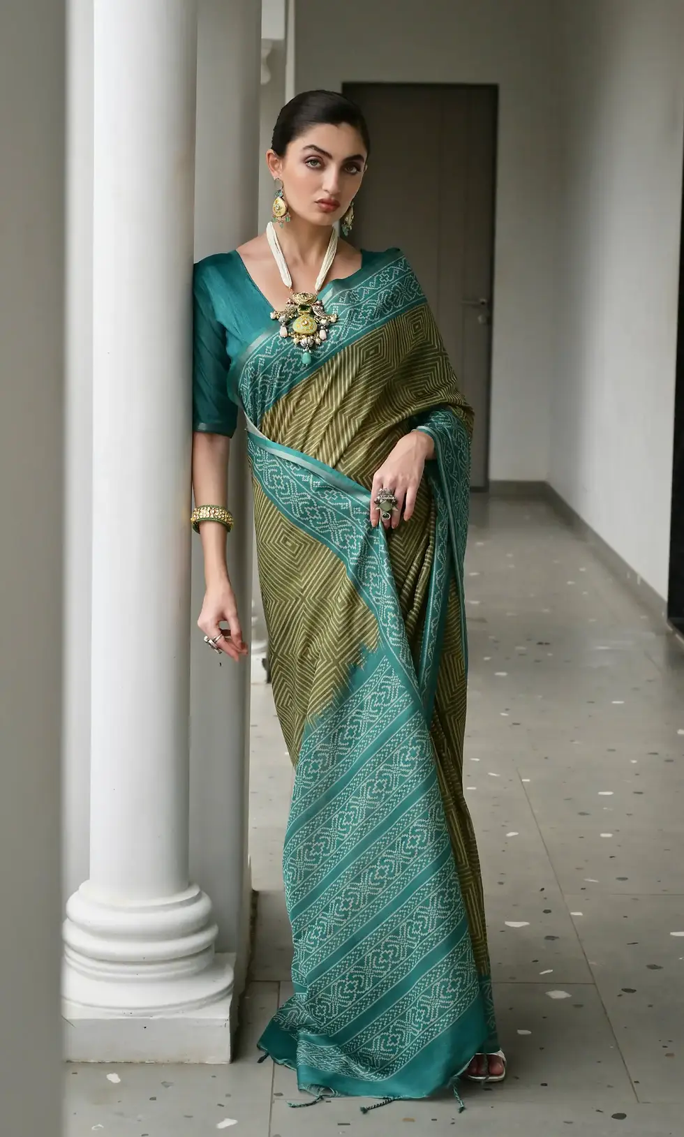 Thumbnail: Elegant Firozi Green Soft Tussar Silk Saree with Geometric Print and Ikkat Pallu