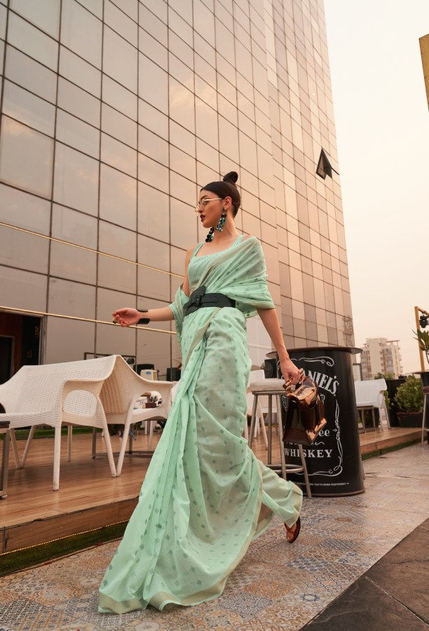Thumbnail: Women's Sea Green Linen Handloom Weaving Saree