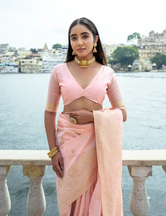 Thumbnail: Women's Peach Woven Soft Silk Saree