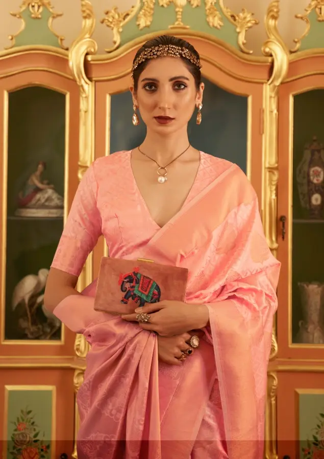Thumbnail: Peach Handloom Banarasi Silk Saree with Intricate Pallu