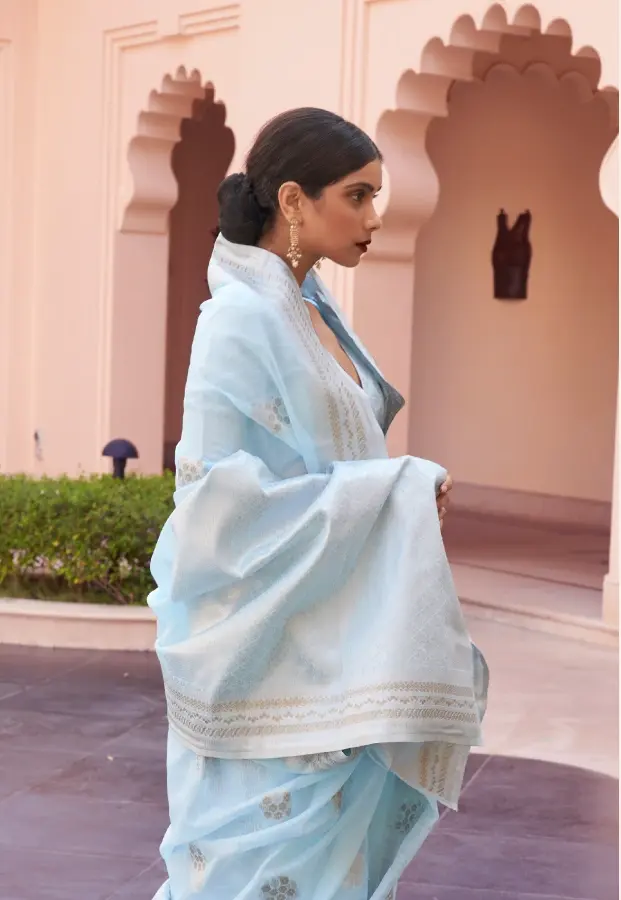 Thumbnail: Pastel Blue Linen Silk Saree with Butti Designs – Traditional Design