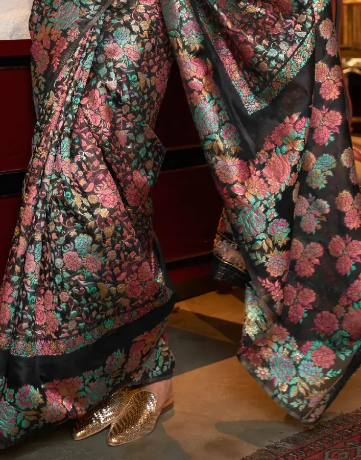 Thumbnail: Black Woven Art Silk Saree with Floral Motifs