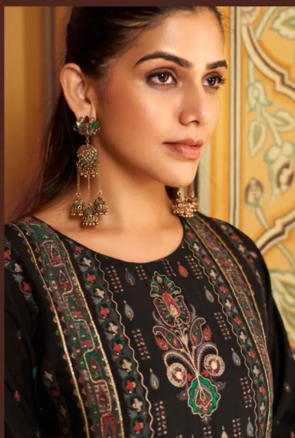 Thumbnail: Regal Black Viscose Muslin Suit with Digital Prints and Handcrafted Embroidery