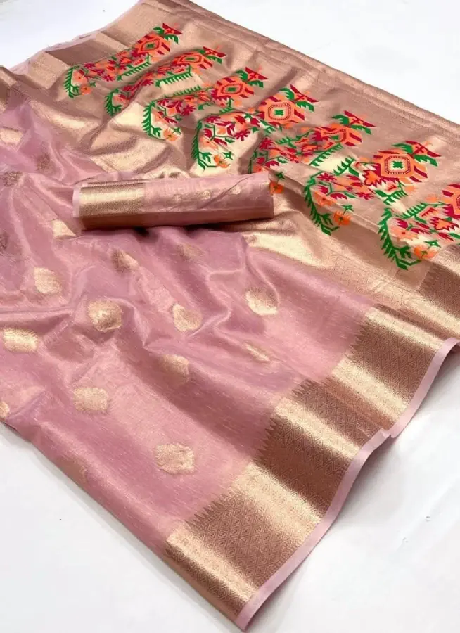 Thumbnail: Pink Handwoven Tissue Fabric Party Wear Saree with Blouse
