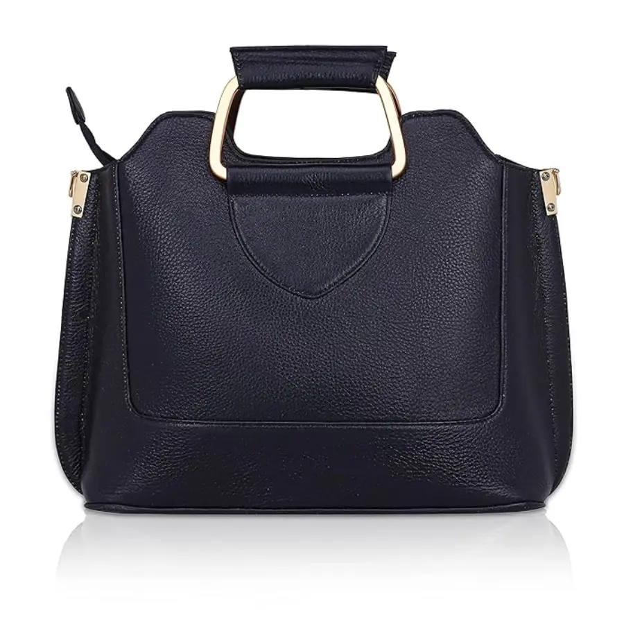 Thumbnail: Blue Genuine Leather Handbag with Metal Handles