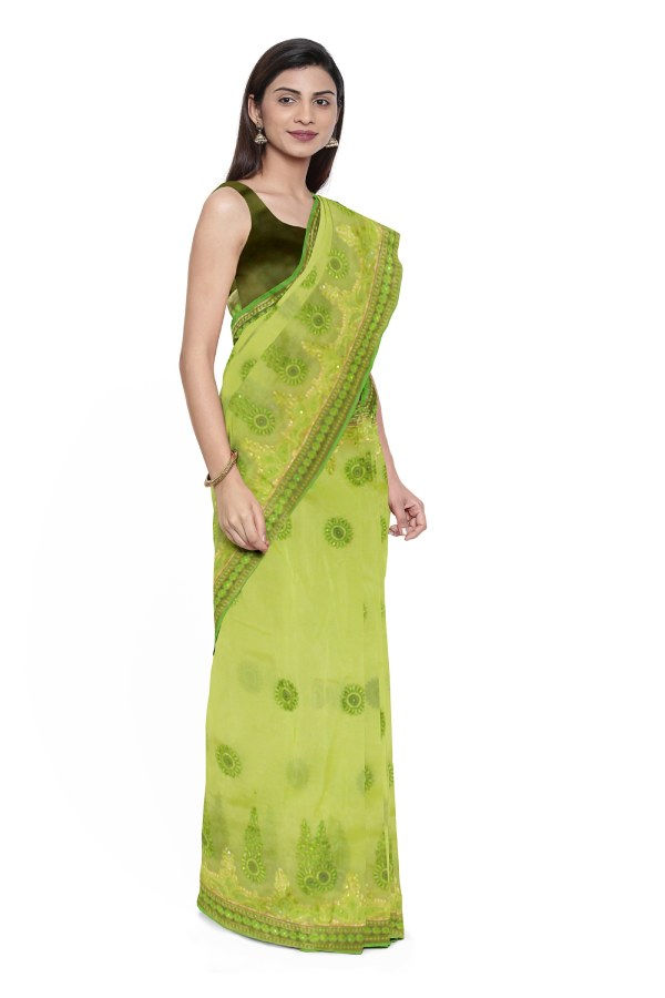 Thumbnail: Pear Green Colour Hand Embroidered Organza Saree