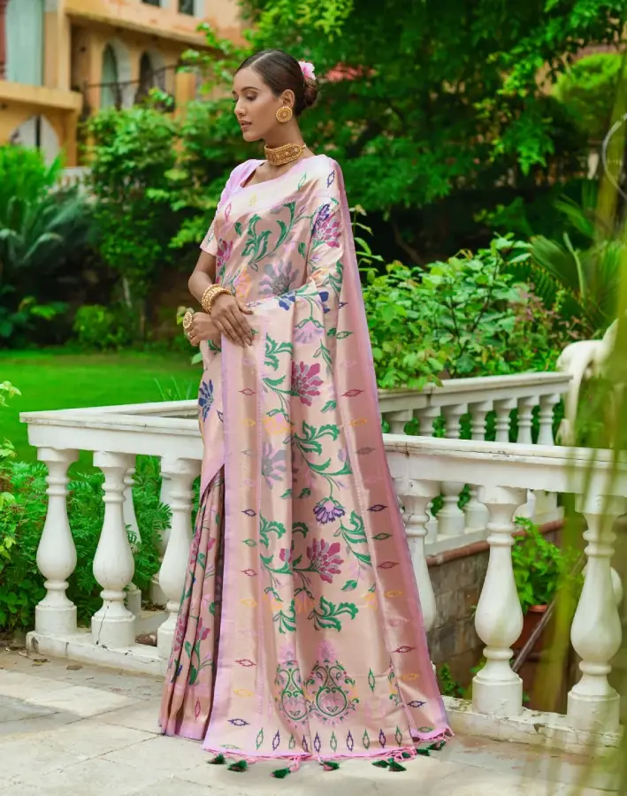 Pastel Pink Paithani Saree With Fancy Meena & Zari Weaving Silk Saree