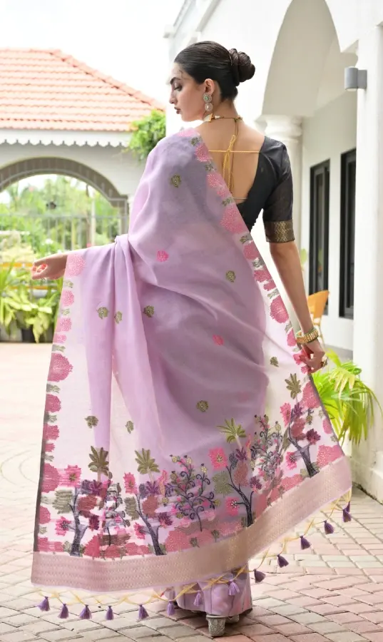 Thumbnail: Lavender Muga Cotton Saree with Thread Woven Floral Pallu & Contrast Blouse