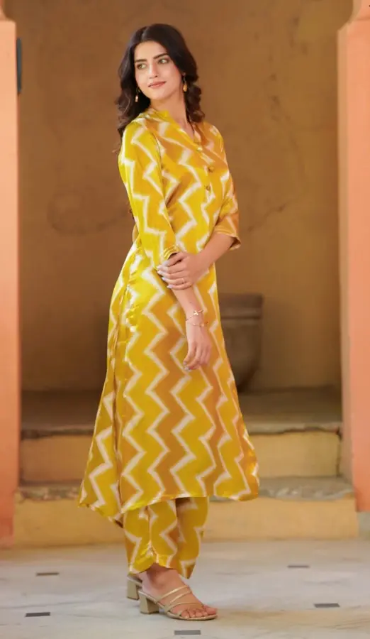 Thumbnail: Zig Zag Printed Pure Muslin Silk Pakistani Suit in Yellow