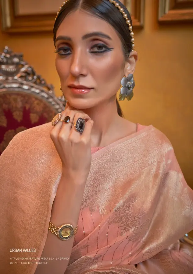 Thumbnail: Coral Pink Zari Woven Banarasi Saree – Luxurious Silk Blend