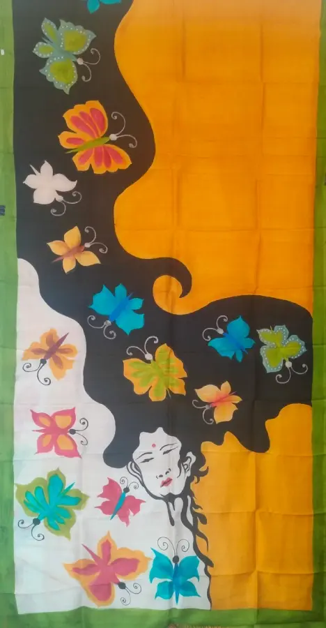 Thumbnail: Exquisite Hand Painted Silk Mustard Brown Saree
