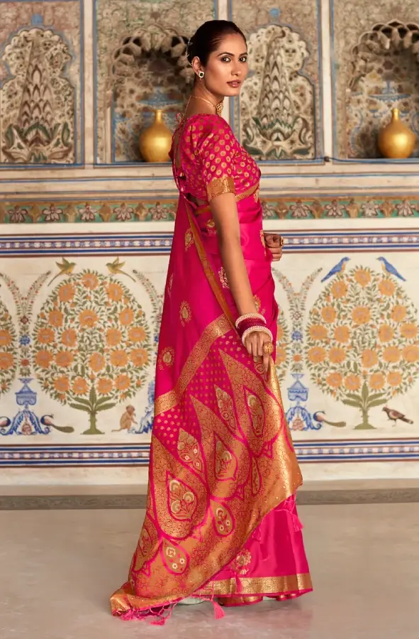 Rani Pink Woven Satin Silk Classic Saree