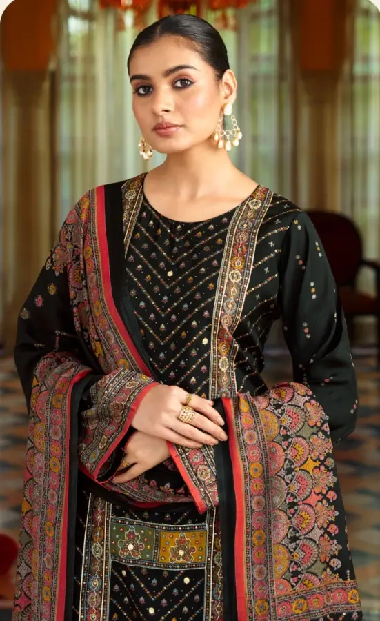 Thumbnail: Black Viscose Muslin with Digital Foil Print & Handwork Embroidery Salwar Suits