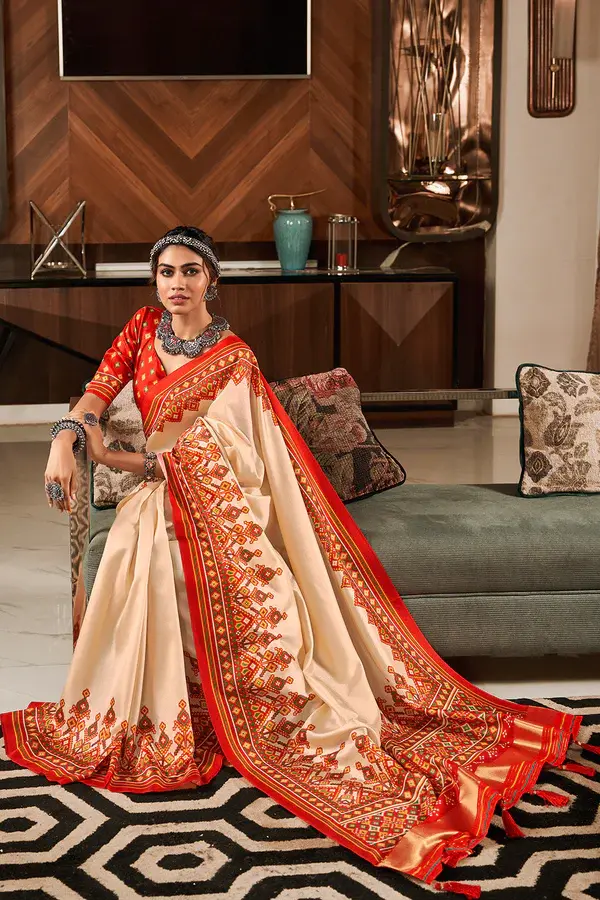 Thumbnail: Women's Cream and Red Patola Printed Silk Saree