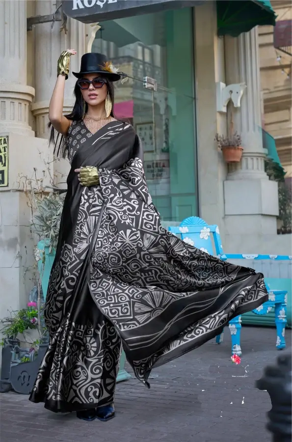 Thumbnail: Black Digital Print Satin Crepe Saree