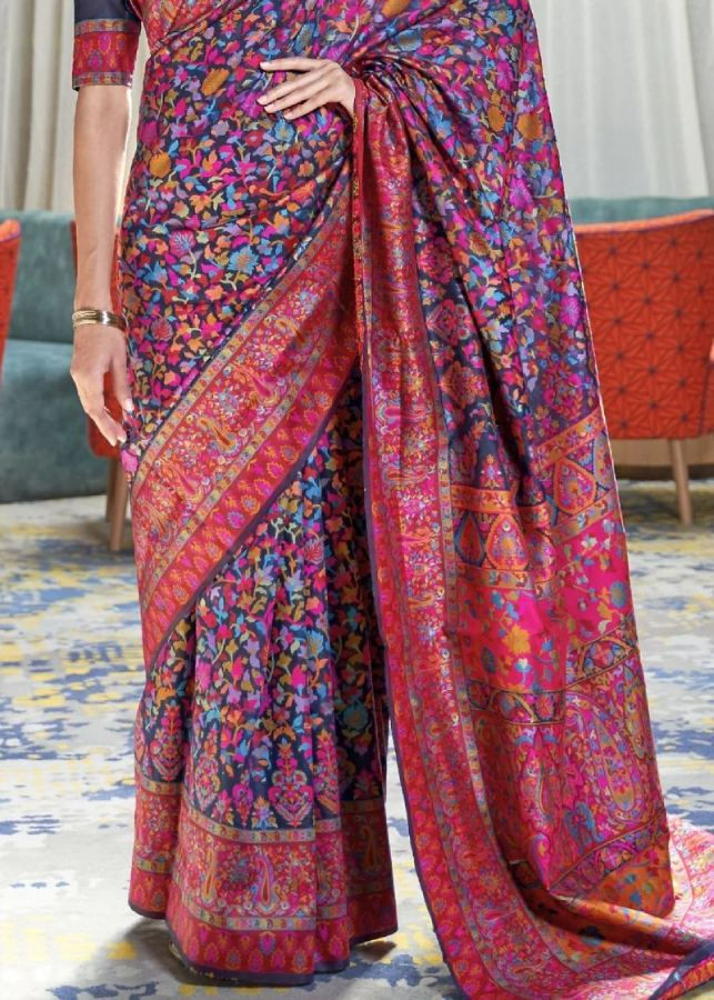 Thumbnail: Blue Jamawar Kashmiri Weaving Silk Saree