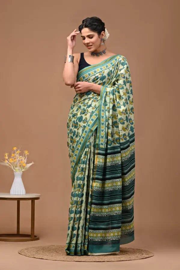 Handblocked Bagru Printed Soft Malmal Cotton Saree