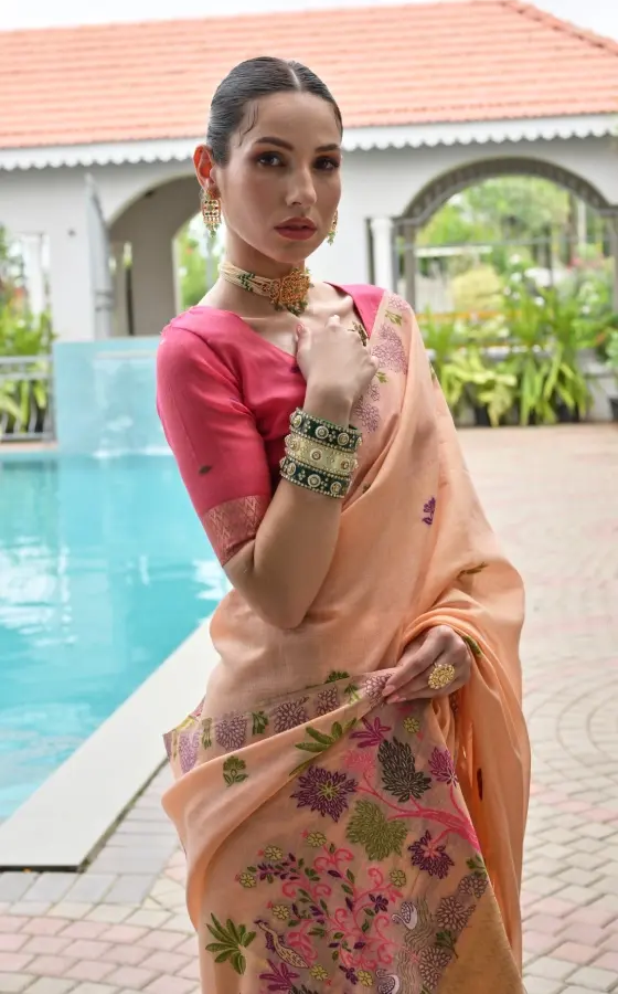 Thumbnail: Peach Muga Cotton Saree with Thread Woven Floral Pallu & Contrast Blouse