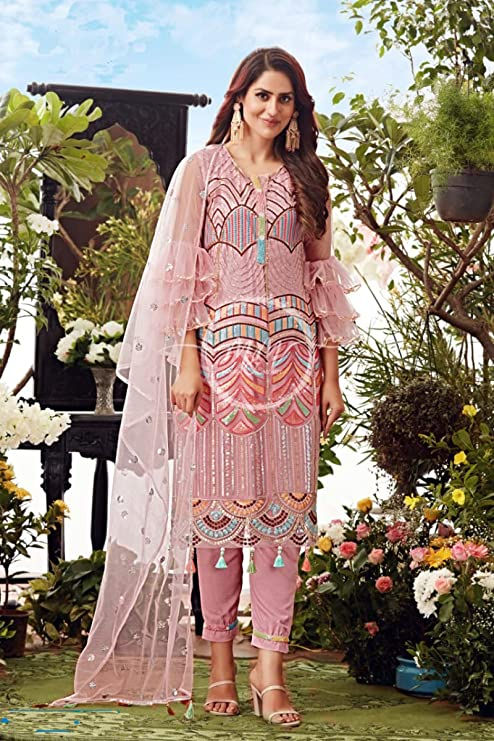 Thumbnail: Women's Net Sequence Embroidered Straight Pant Readymade Salwar Suit with Dupatt