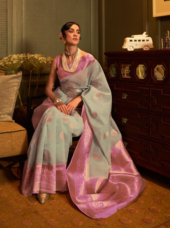 Thumbnail: Ice Blue Zari Woven Linen Silk Saree
