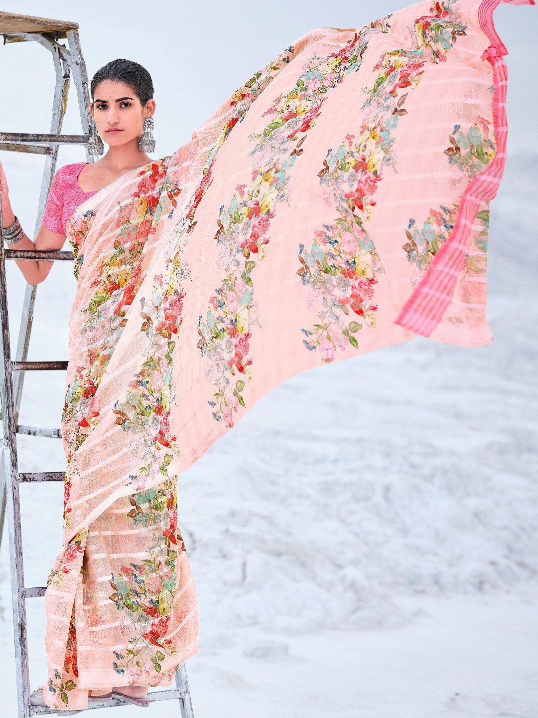 Weaver Saga Women's Peach Cotton Silk Printed Saree