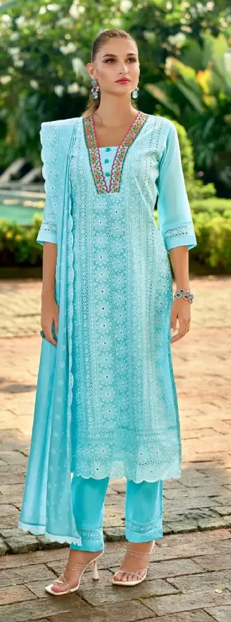 Thumbnail: Blue Silk Chikankari Embroidered Readymade Pant Suits