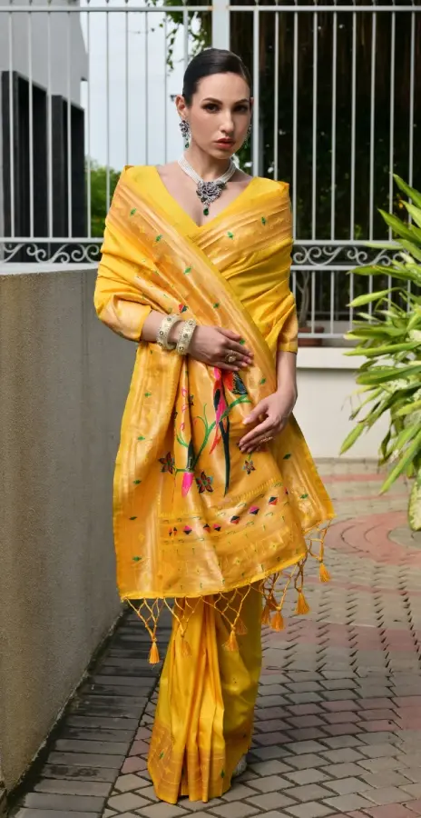 Thumbnail: Yellow Paithani Silk Saree Meenakari Paithani Pallu, Pure Zari Woven Border