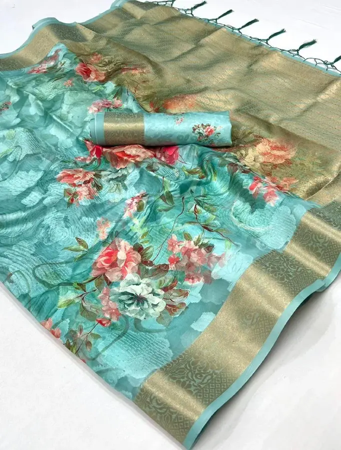 Thumbnail: Pastel Green Floral Woven Brasso Saree With Tassels