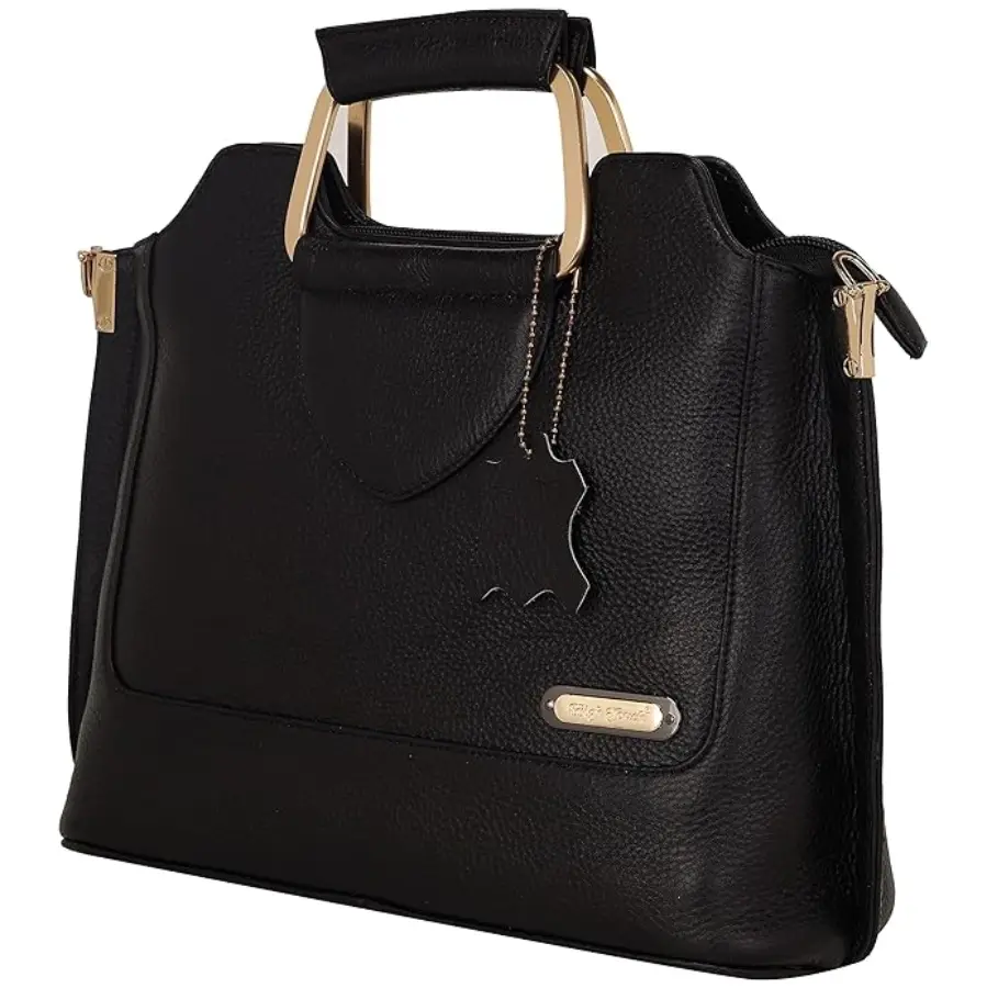 Thumbnail: Black Genuine Leather Handbag with Metal Handles