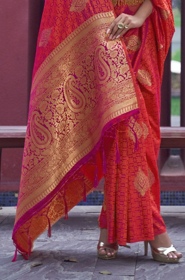 Thumbnail: Women's Peach Woven Banarasi Satin Silk Saree