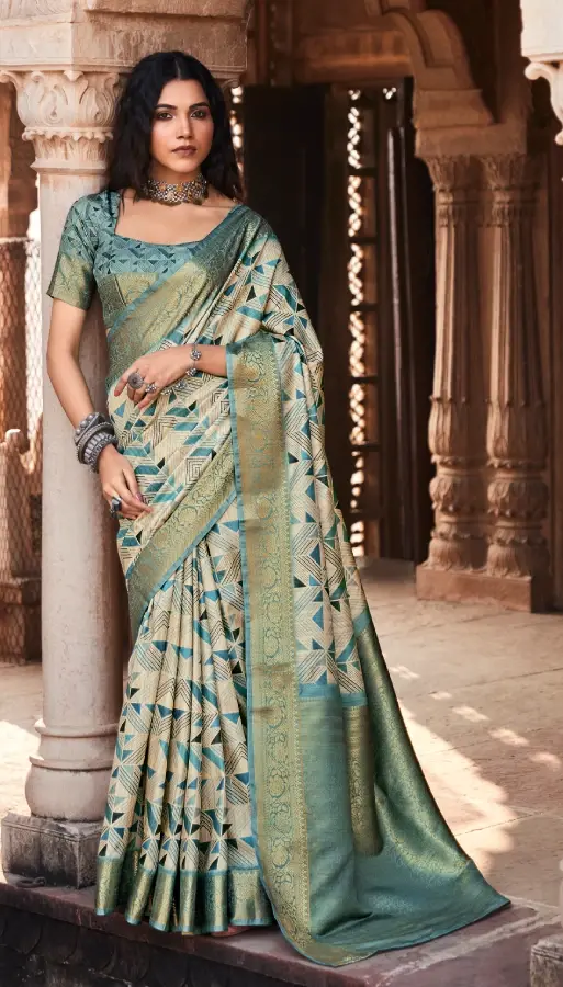 Women's Teal Blue Silk Handloom Weaving Saree