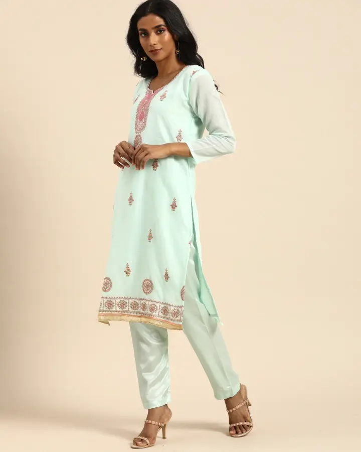 Thumbnail: Women's Turquoise Chanderi Silk Embroidered Unstitched Kurta with Trouser