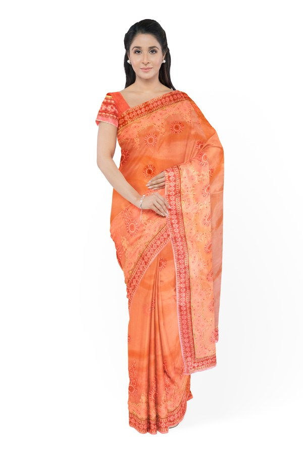 Thumbnail: Orange Colour Hand Embroidered Organza Saree