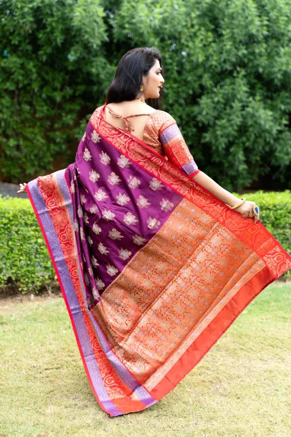 Thumbnail: Purple Kanchipuram Handloom Silk Saree And Unstitched Blouse
