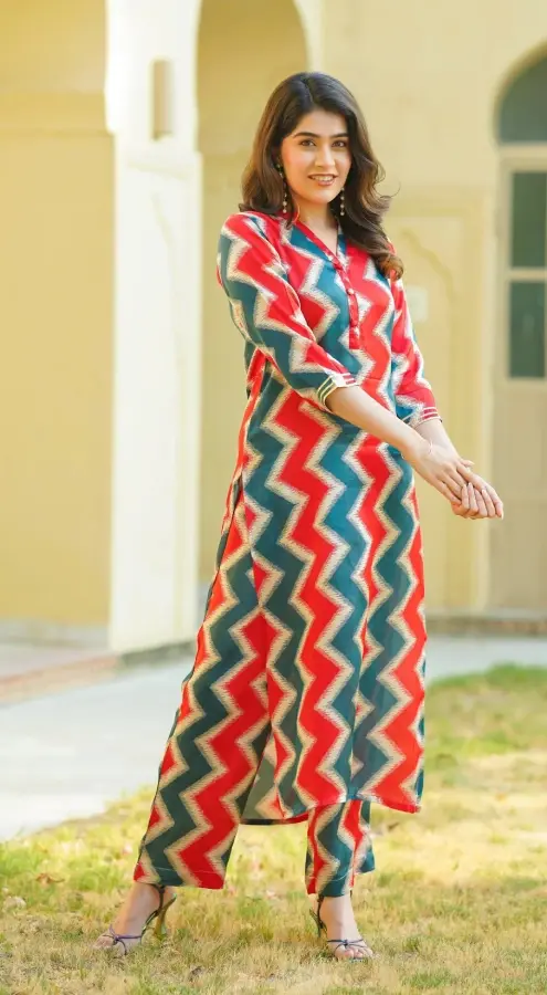 Zig Zag Printed Pure Muslin Silk Pakistani Suit in Red and Dusty Blue