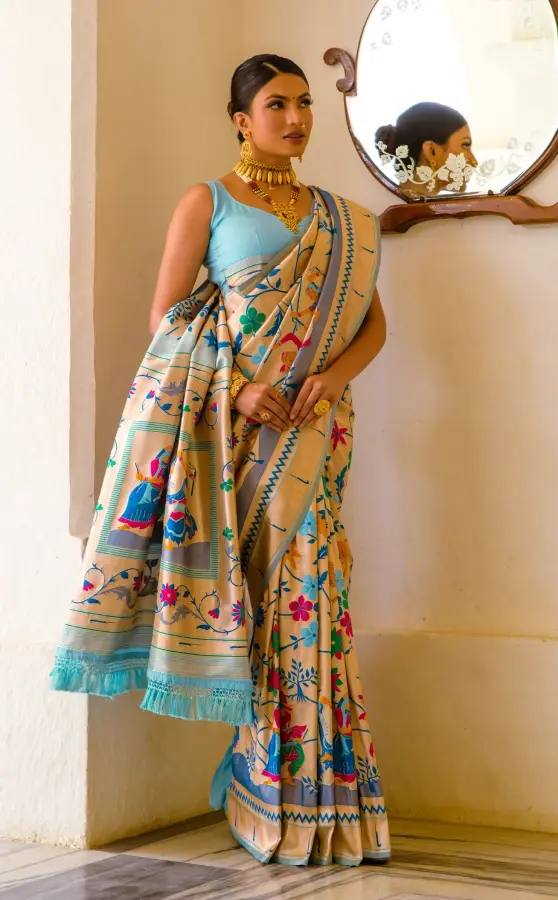 Thumbnail: Firozi Paithani with Meena Zari Weaving Silk Saree