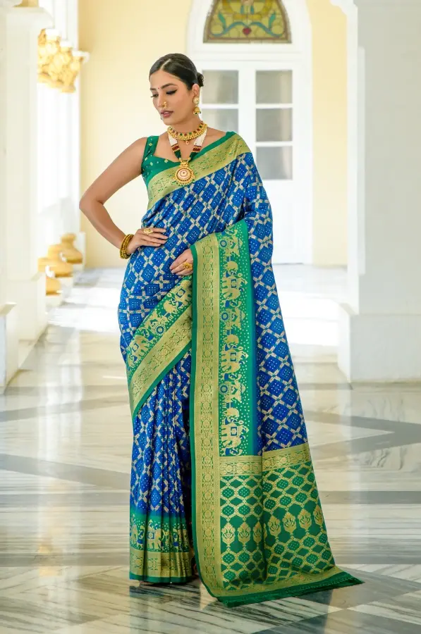 Thumbnail: Royal Blue Bandhani Printed and Woven Saree