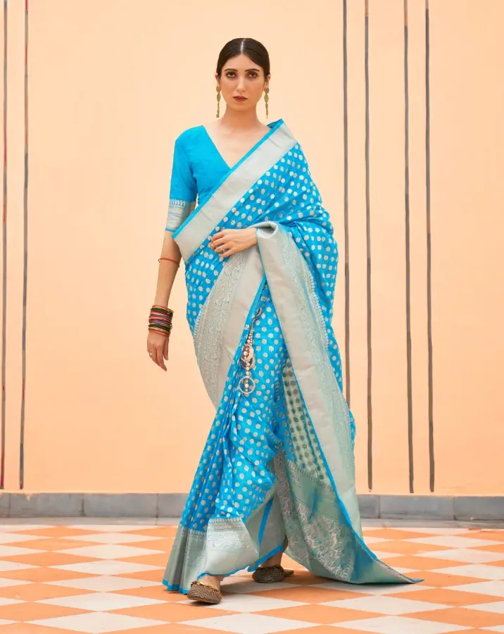 Firozi Blue Khaddi Georgette Polka Dot Banarasi Saree