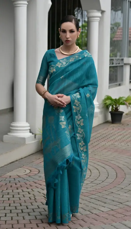 Thumbnail: Firozi Linen Silk Saree With Gold & Silver Zari Woven Pichwai Pallu And Border